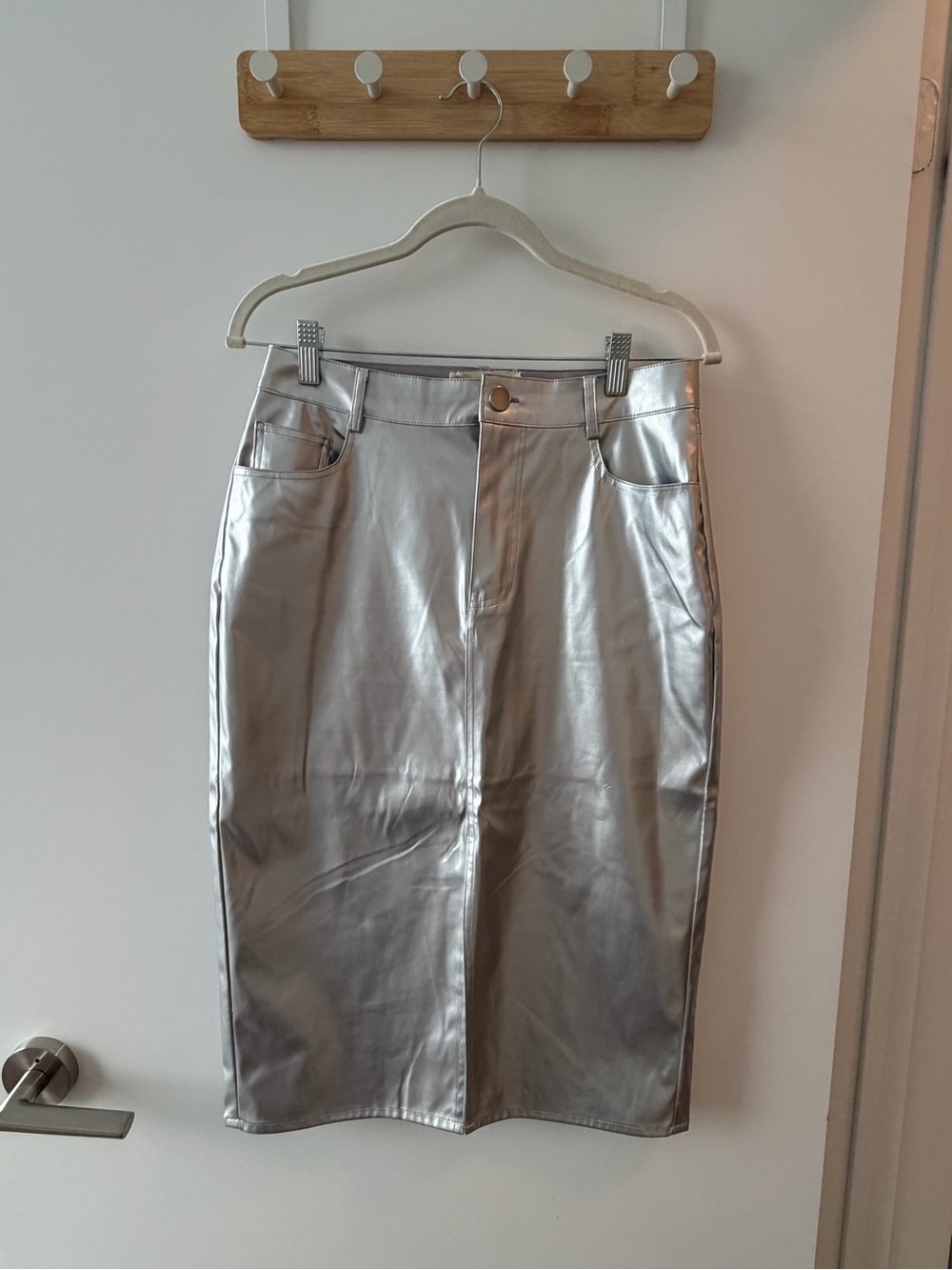 Anthropologie Silver Metallic Midi Pencil Skirt
